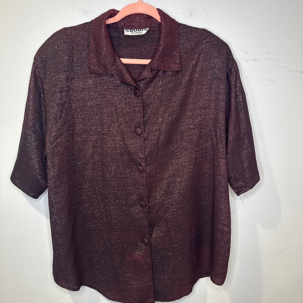 Indie‎ Lagenlook Burgundy Metallic Gold Shimmer Blouse Vintage 90s Plus 1X USA